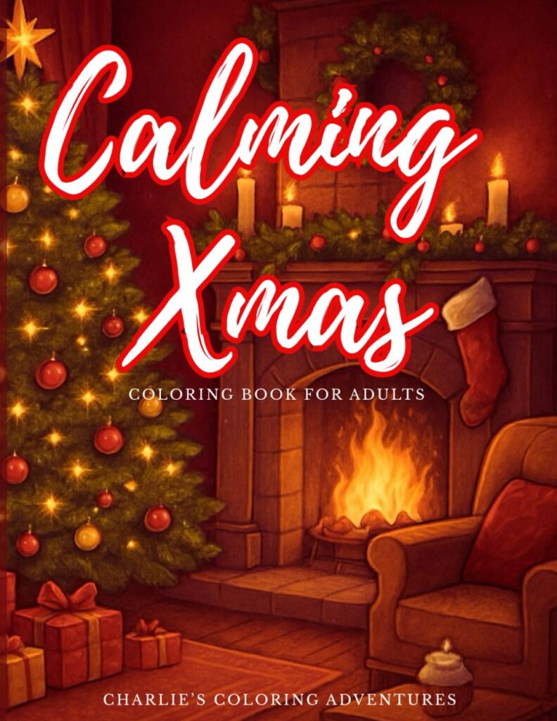 Christmas Coloring Books for all ages - Cover of Calming Xmas Coloring Book showing fireplace and tree